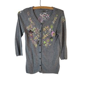 One Girl Who Mohair Blend Cardigan Sweater Gray  Size Small Floral EMBELLISHED